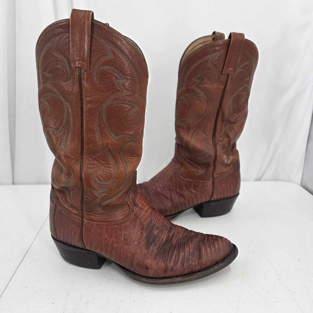 Vintage Tony Lama Brown Stitched Teju Lizard Leather Western Boots 8540 10.5D.